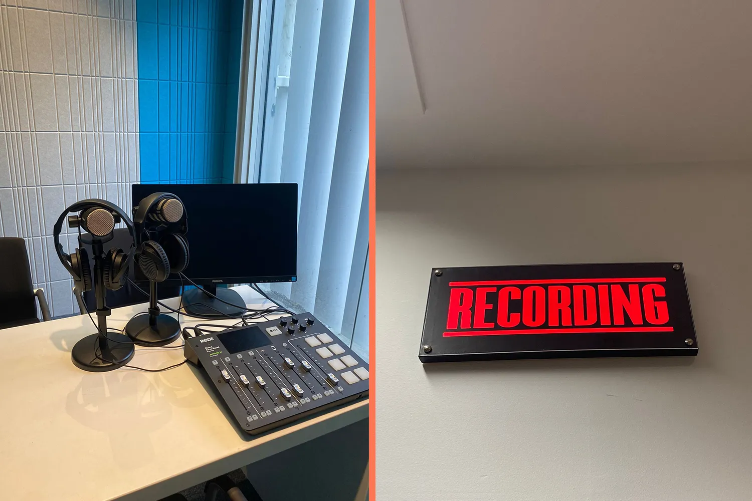 Microphones, headphones and a production console in the podcast studio