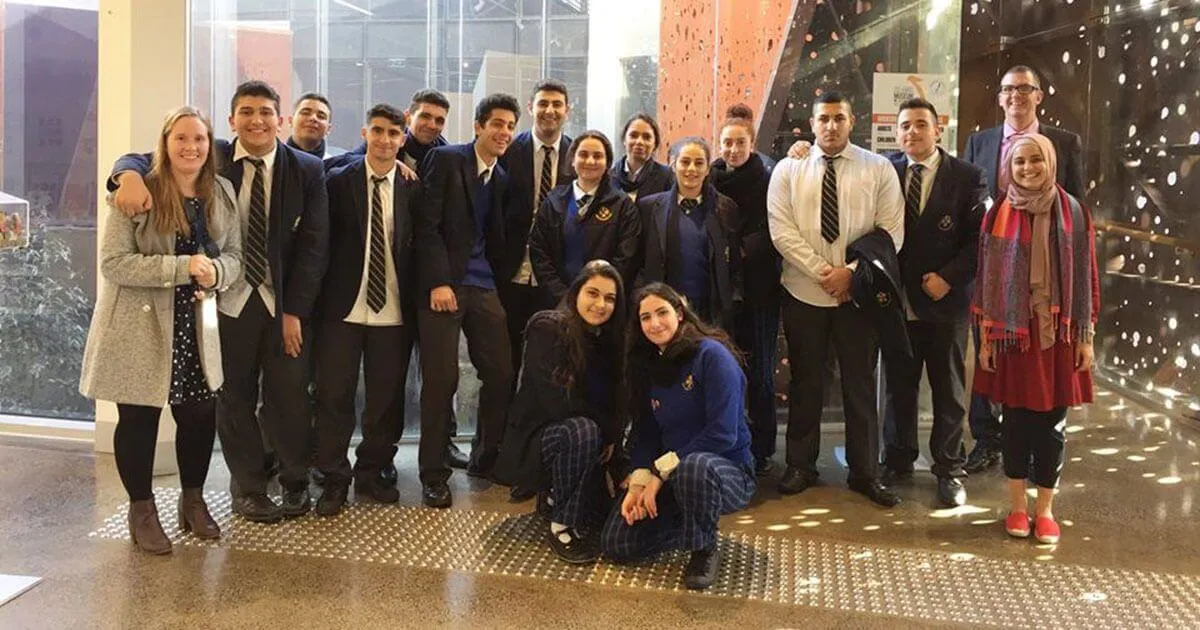Secondary students with their teachers in the museum foyer